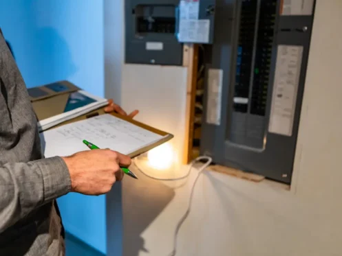 someone holding a clipboard looking at an electrical panel in a wall